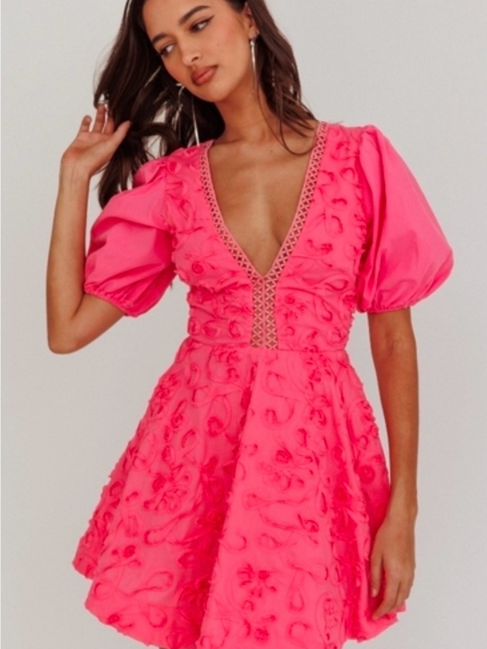 NWT Angel Biba Hot Pink Textured Floral Puff Sleeve Mini Dress Romper Sz S AU 8